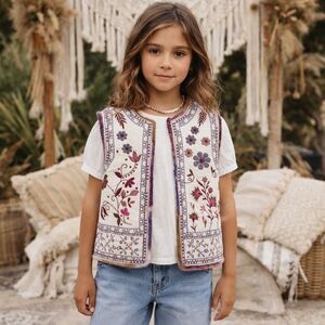 Zara Girls Embroidered Floral Quilted Vest Boho Cream Open Front Jacket